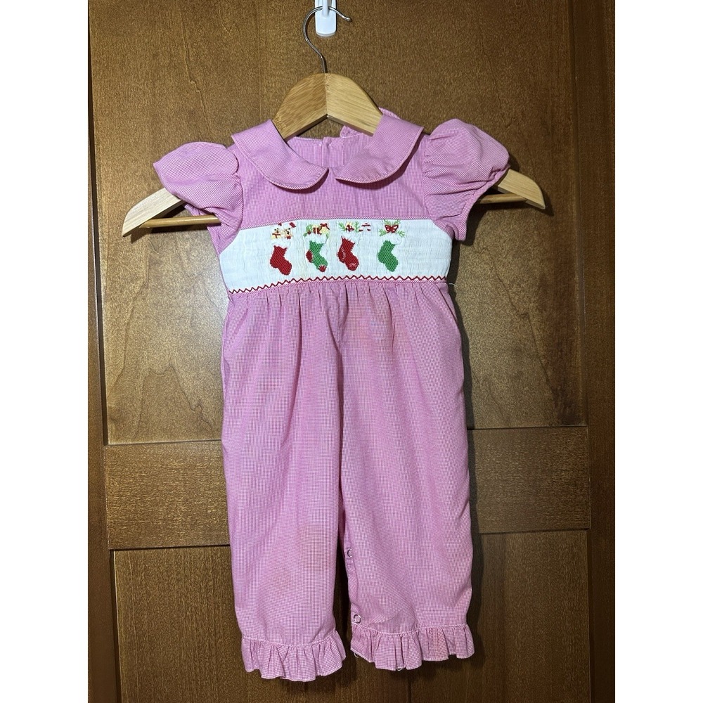 Mom & Me Baby Girl Smocked‎ Christmas Romper 12 Months Pink Gingham Outfit